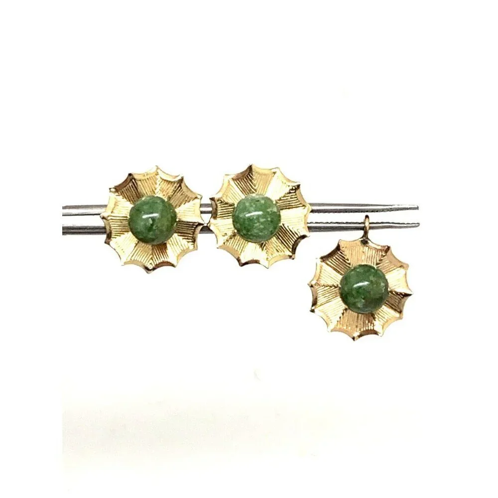 Earrings Pendant Set 14k Yellow Gold Green Gemstone 6mm Women's Estate Jewelry